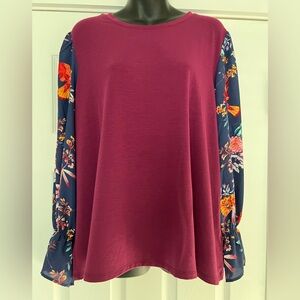 The Pioneer Woman Burgundy Top with Floral Sleeves